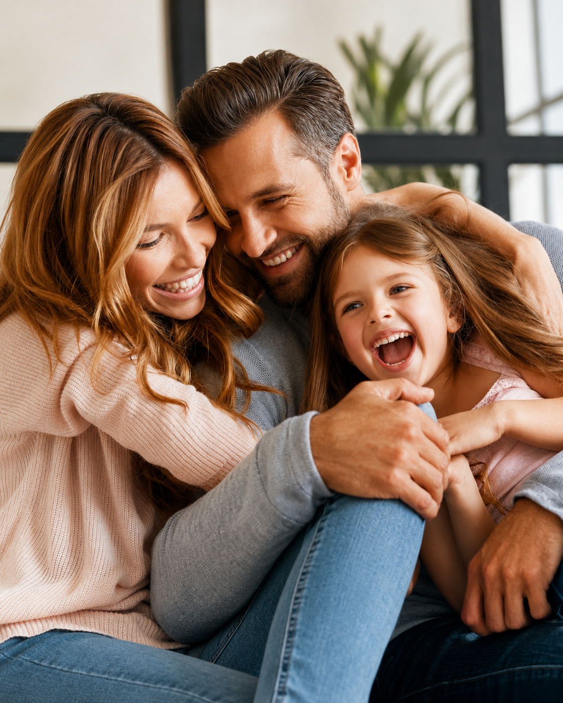 Família abraçada e sorrindo, representando a realização do sonho de ter um filho