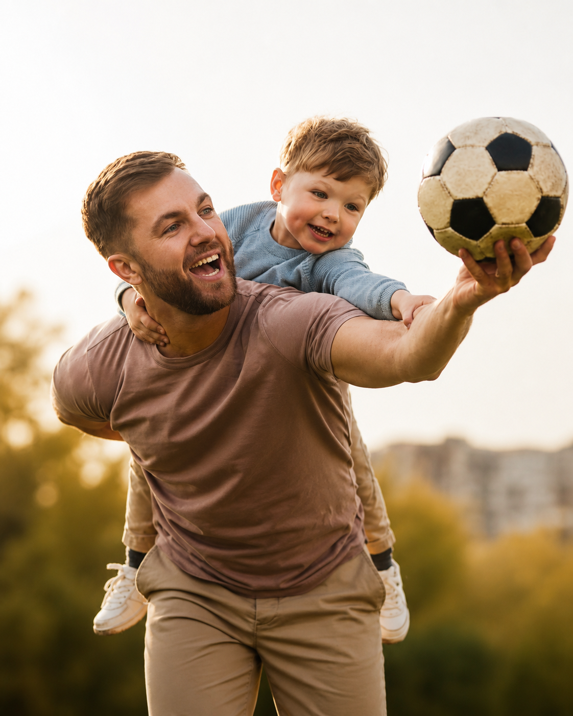 Pai e filho brincando, representando a realização do sonho de família